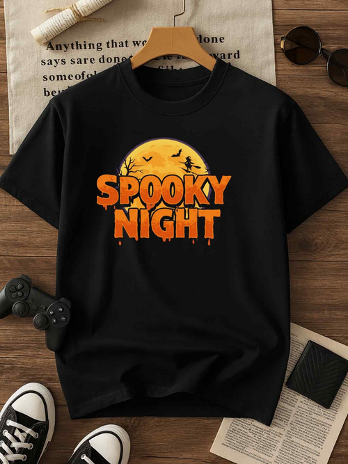 Men's Graphic T-Shirt Spooky Night Bats Flying Over Glowing Orange Full Moon