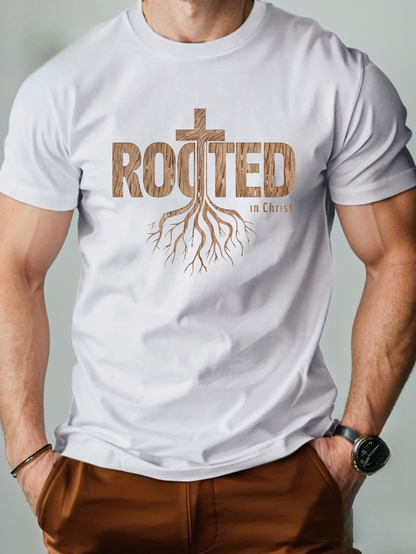 Men's Graphic T-Shirt Rooted In Faith With Bold Cross And Tangled Spreading Roots Design