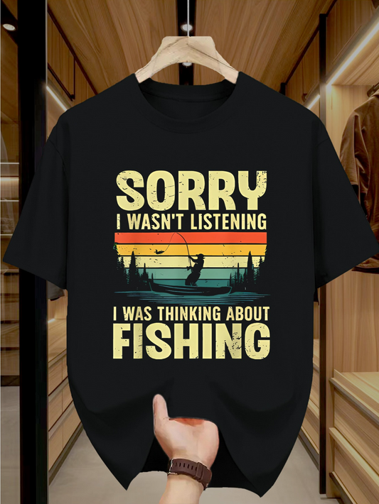 Men's Graphic T-Shirt Sorry I Was Thinking About Fishing Among Pines And Sunset With Rod