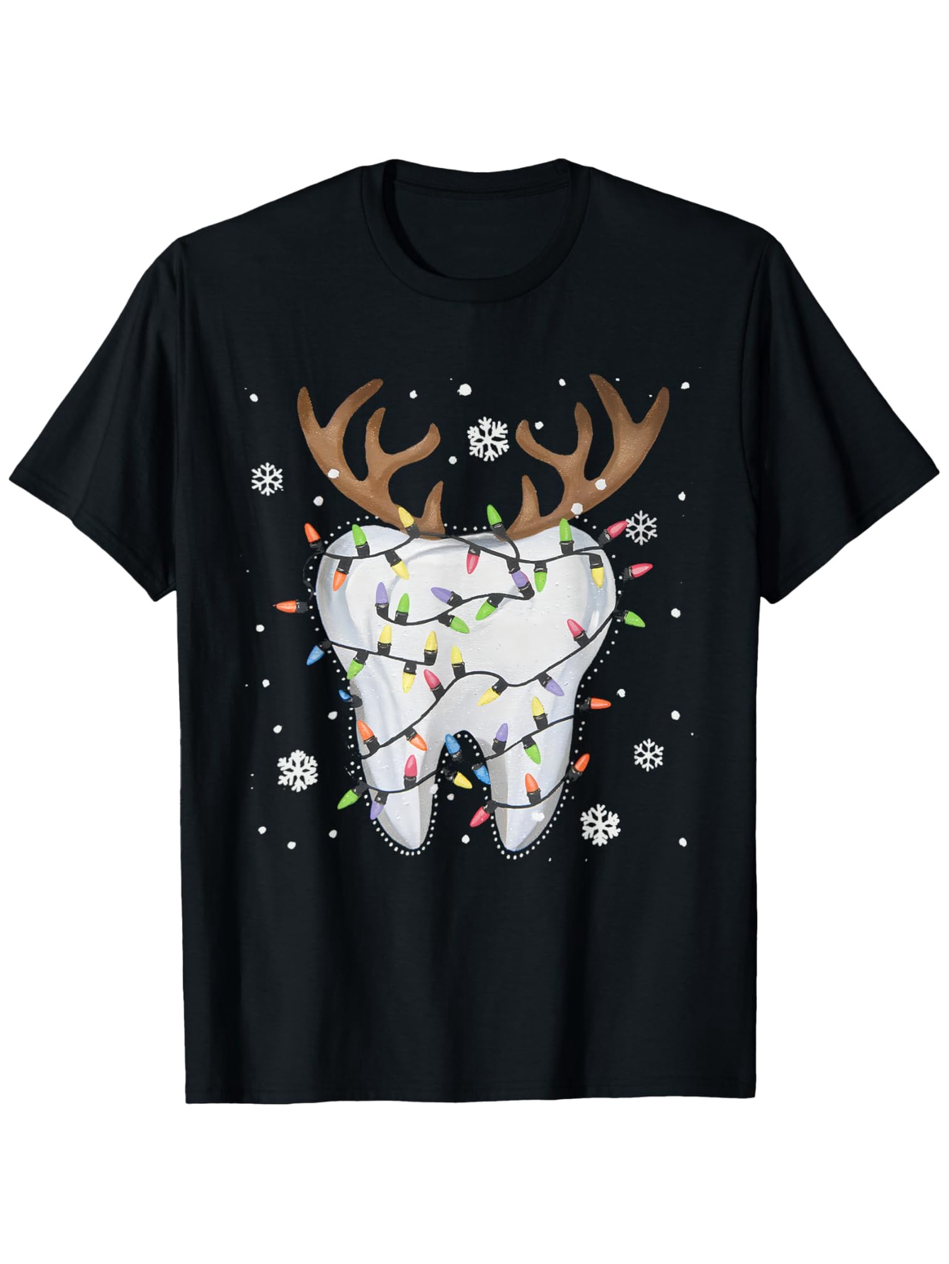 Men's Graphic T-Shirt Christmas Tooth With Antlers Wrapped In Holiday Lights Snowflakes