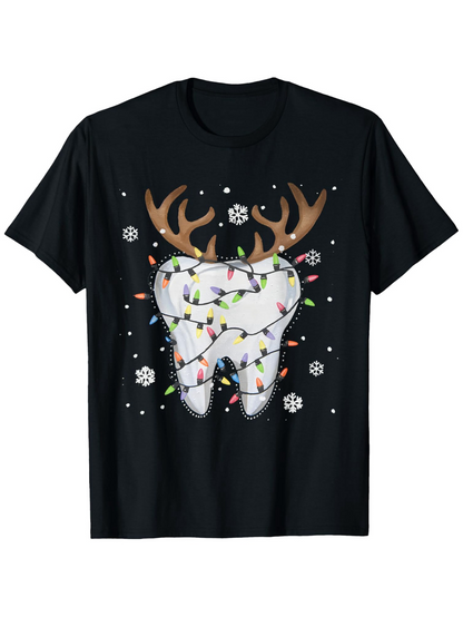 Men's Graphic T-Shirt Christmas Tooth With Antlers Wrapped In Holiday Lights Snowflakes