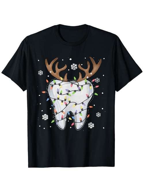 Men's Graphic T-Shirt Christmas Tooth With Antlers Wrapped In Holiday Lights Snowflakes