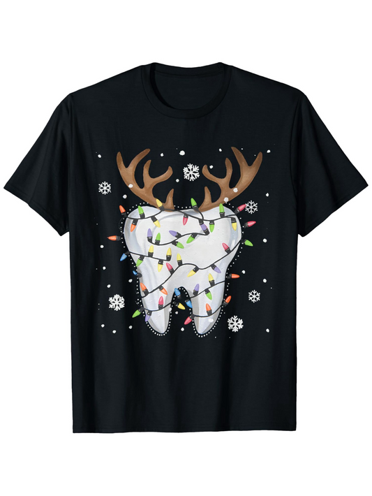 Men's Graphic T-Shirt Christmas Tooth With Antlers Wrapped In Holiday Lights Snowflakes
