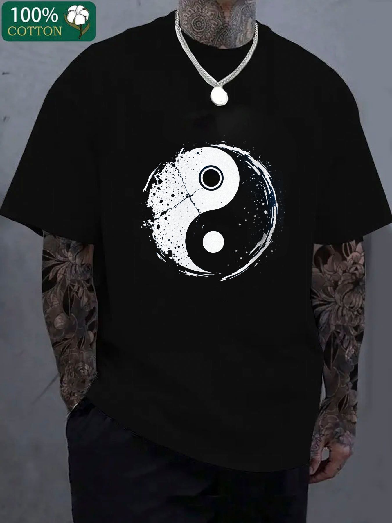 Men's Graphic T-Shirt Grunge Painted Contrast Energy Balance Yin Yang Symbol