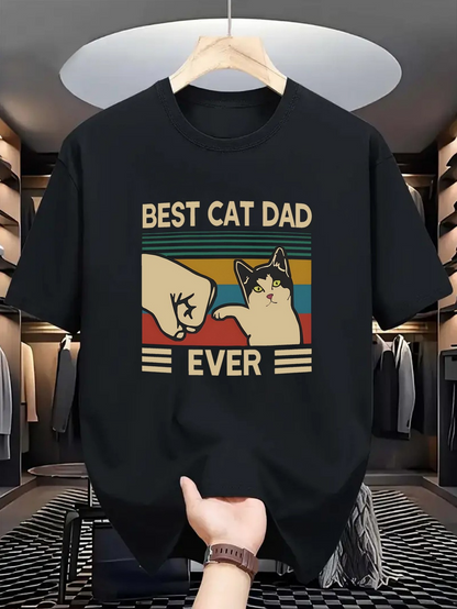 Men's Graphic T-Shirt Best Cat Dad Ever Retro Stripes With Fist Bumping Hand And Relaxed Cat