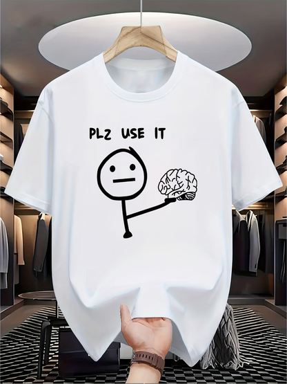 Men's Graphic T-Shirt Plz Use It Simple Cartoon Figure With Outlined Brain Drawing