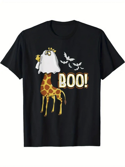 Men's Graphic T-Shirt Boo Cartoon Ghost Costume Giraffe With Flying Halloween Bats