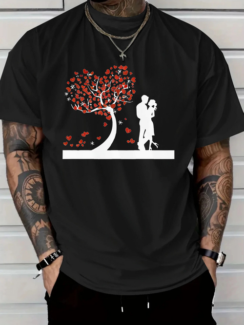 Men's Graphic T-Shirt Romantic Lovers Standing Beneath Heart Shaped Blossoming Tree