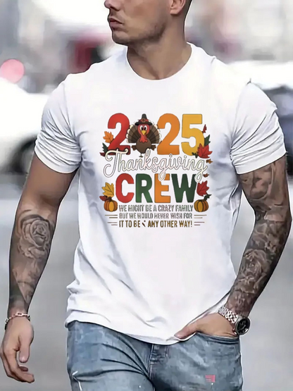 Men's Graphic T-Shirt Thanksgiving Crew With Autumn Leaves And Colorful Festive Turkey