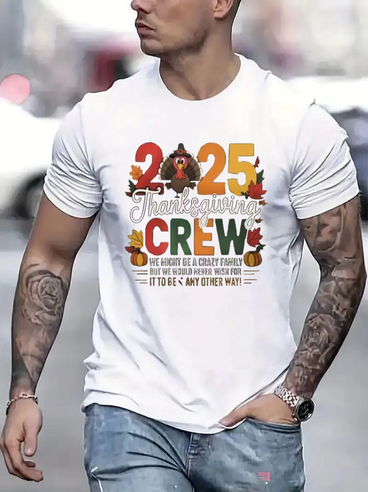 Men's Graphic T-Shirt Thanksgiving Crew With Autumn Leaves And Colorful Festive Turkey