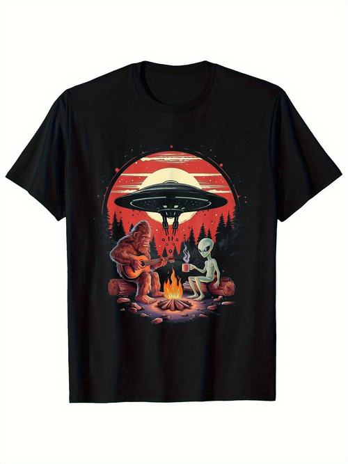 Men's Graphic T-Shirt Night Campfire Gathering With Alien Bigfoot And Forest UFO Scene