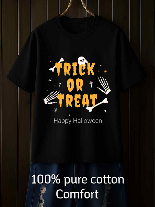 Men's Graphic T-Shirt Trick Or Treat Skeleton Hands And Playful Spooky Ghost Halloween