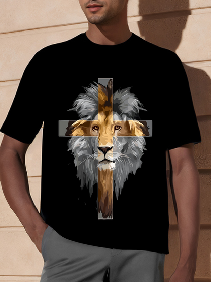 Men's Graphic T-Shirt Majestic Golden Lion Face With Bold Painted Cross Under Sunlight Lion