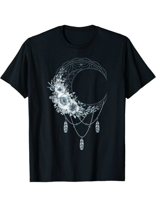 Men's Graphic T-Shirt Hand Drawn Crescent Moon With Dreamcatcher Floral Details
