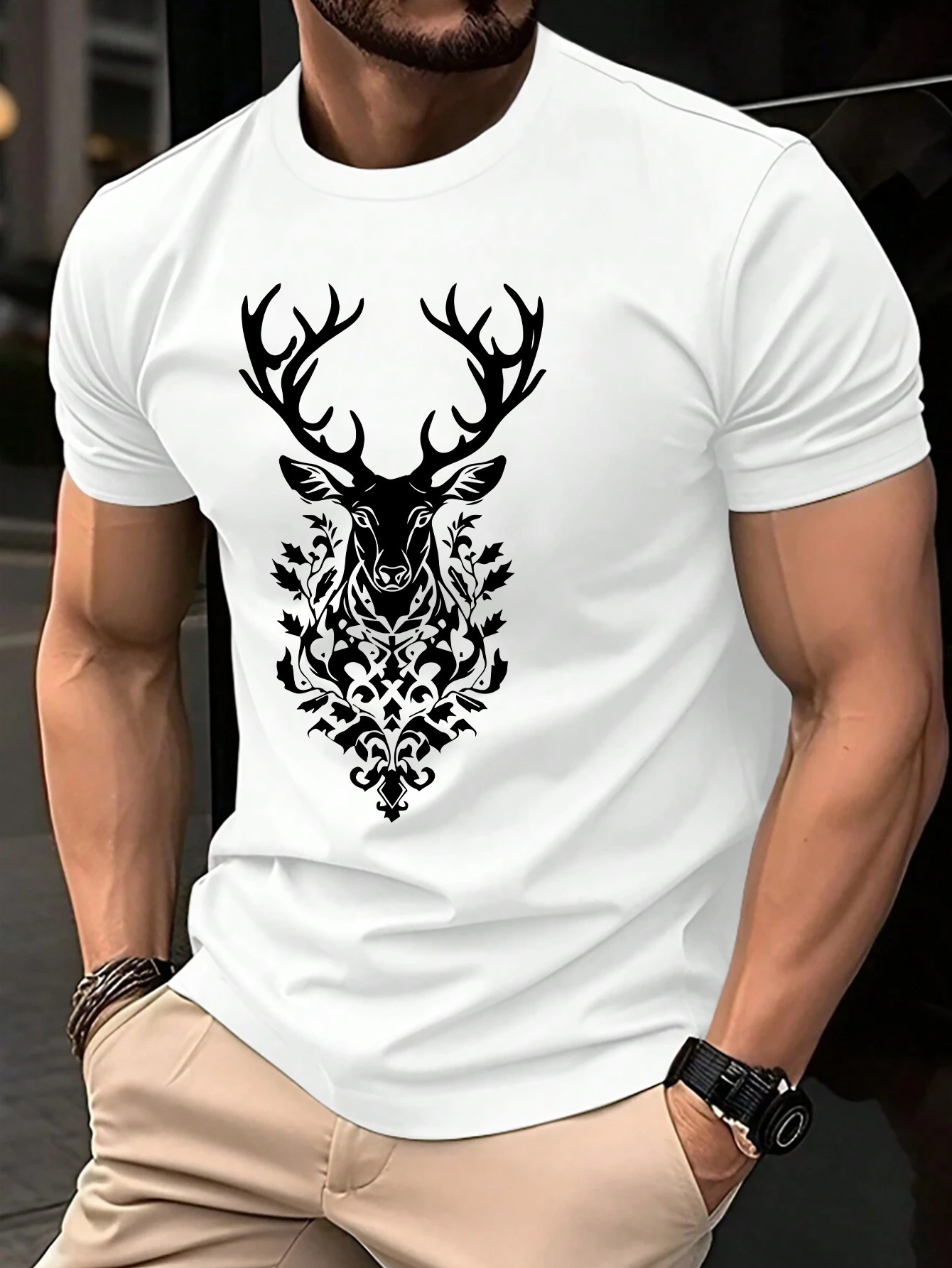 Men's Graphic T-Shirt Intricate Baroque Pattern Among Flourishing Leaves Majestic Deer