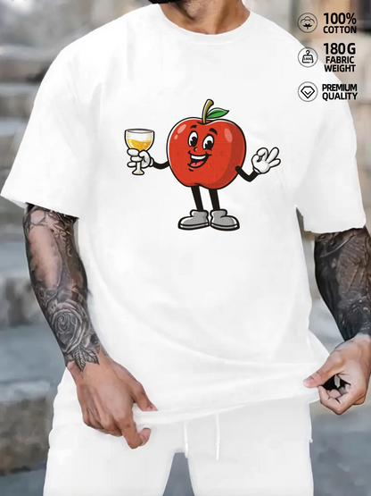 Men's Graphic T-Shirt Cheerful Cartoon Apple With Wineglass And Friendly Expression Apple