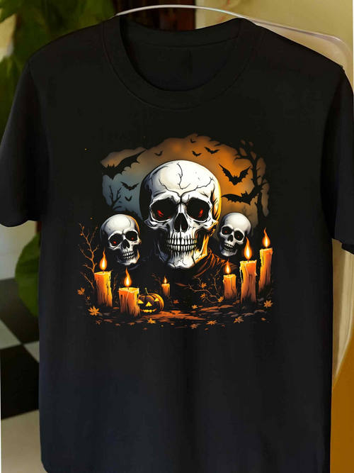 Men's Graphic T-Shirt Glowing Halloween Candles Among Shadows And Haunted Human Skulls