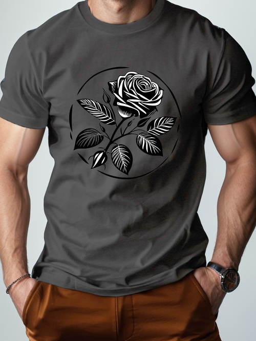 Men's Graphic T-Shirt Monochrome Line Art With Petals And Leaves Surrounding A Rose Flower