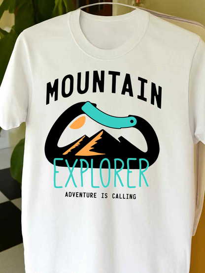 Men's Graphic T-Shirt Mountain Explorer Adventure Is Calling Blue Carabiner And Orange Peak