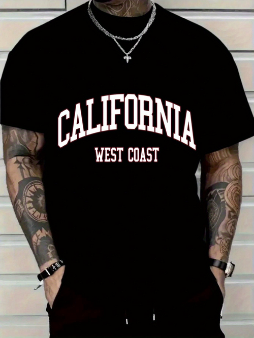 Men's Graphic T-Shirt California West Coast Bold White Letters On Classic Black T Shirt
