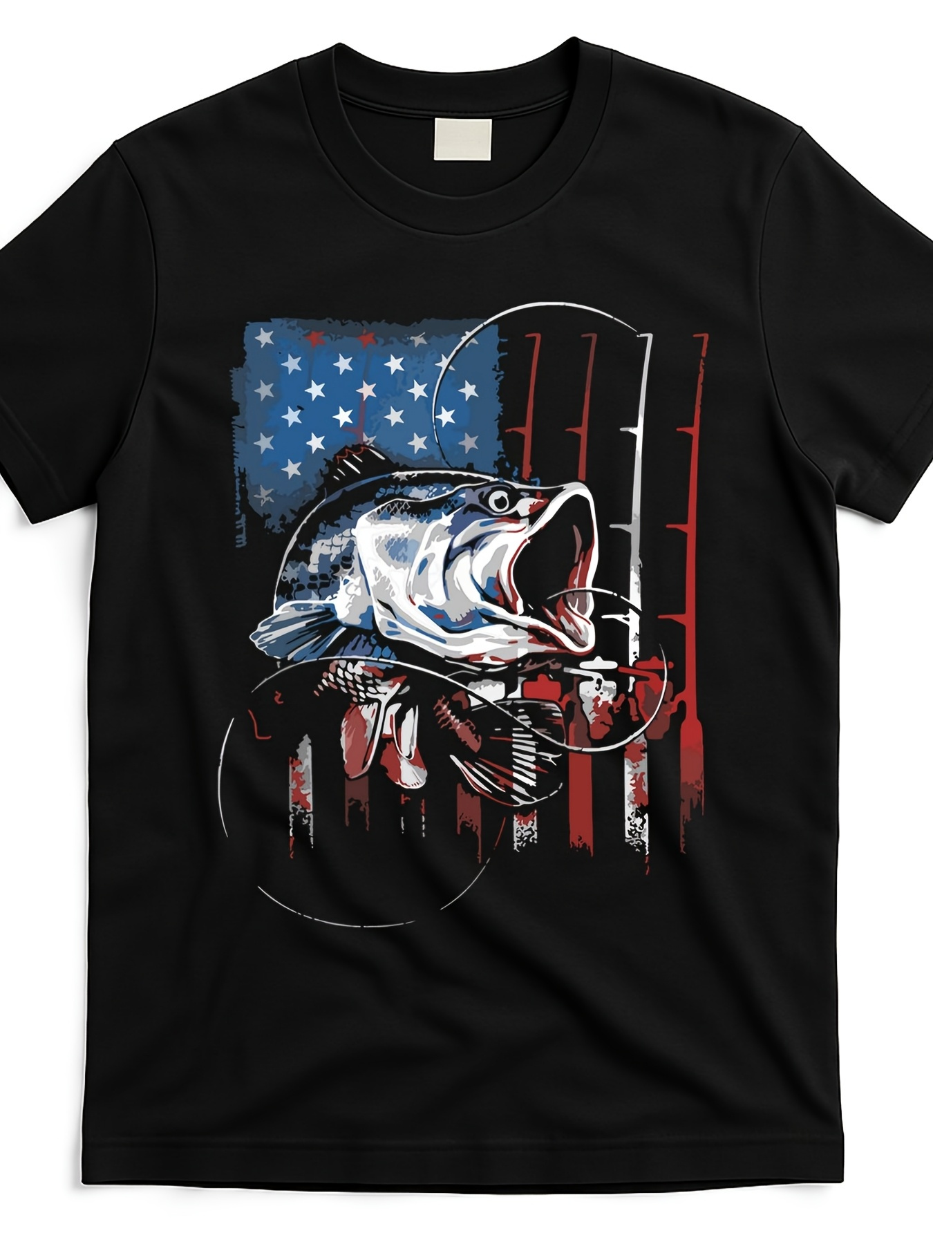 Men's Graphic T-Shirt Patriotic Watercolor Splashing Bass Over American Flag