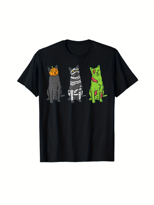 Men's Graphic T-Shirt Halloween Cats In Costumes With Pumpkin Mummy Zombie Sitting Together Cat