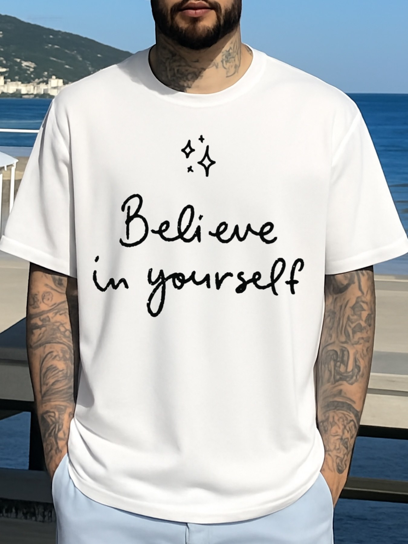 Men's Graphic T-Shirt Believe In Yourself Minimalist Black Lettering On White T Shirt