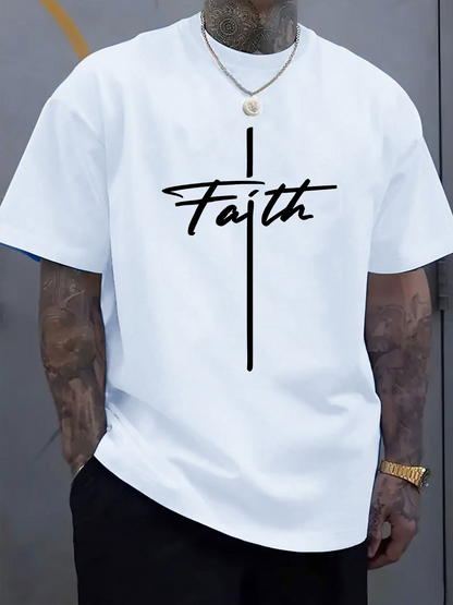 Men's Graphic T-Shirt Faith Handwritten Script With Vertical Cross Line Design