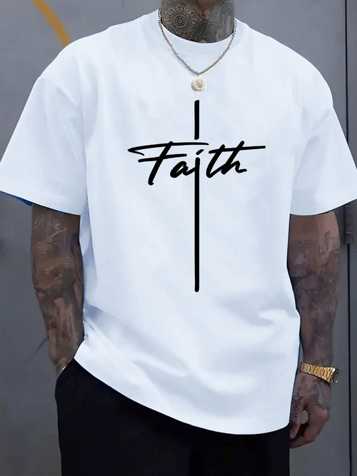 Men's Graphic T-Shirt Faith Handwritten Script With Vertical Cross Line Design