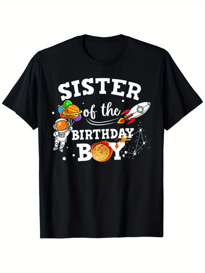 Men's Graphic T-Shirt Sister Of The Birthday Boy With Astronaut Floating Among Colorful Planets And Rocket