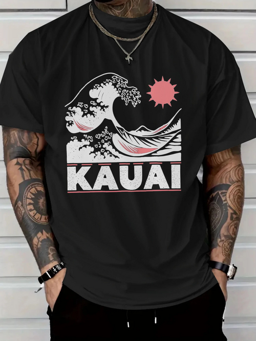 Men's Graphic T-Shirt Kauai Bold Ocean Wave And Setting Sun Under Night Sky