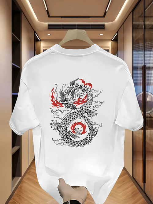 Men's Graphic T-Shirt Vivid Coiling Energy With Red Accents And Flowing Smoke Dragon
