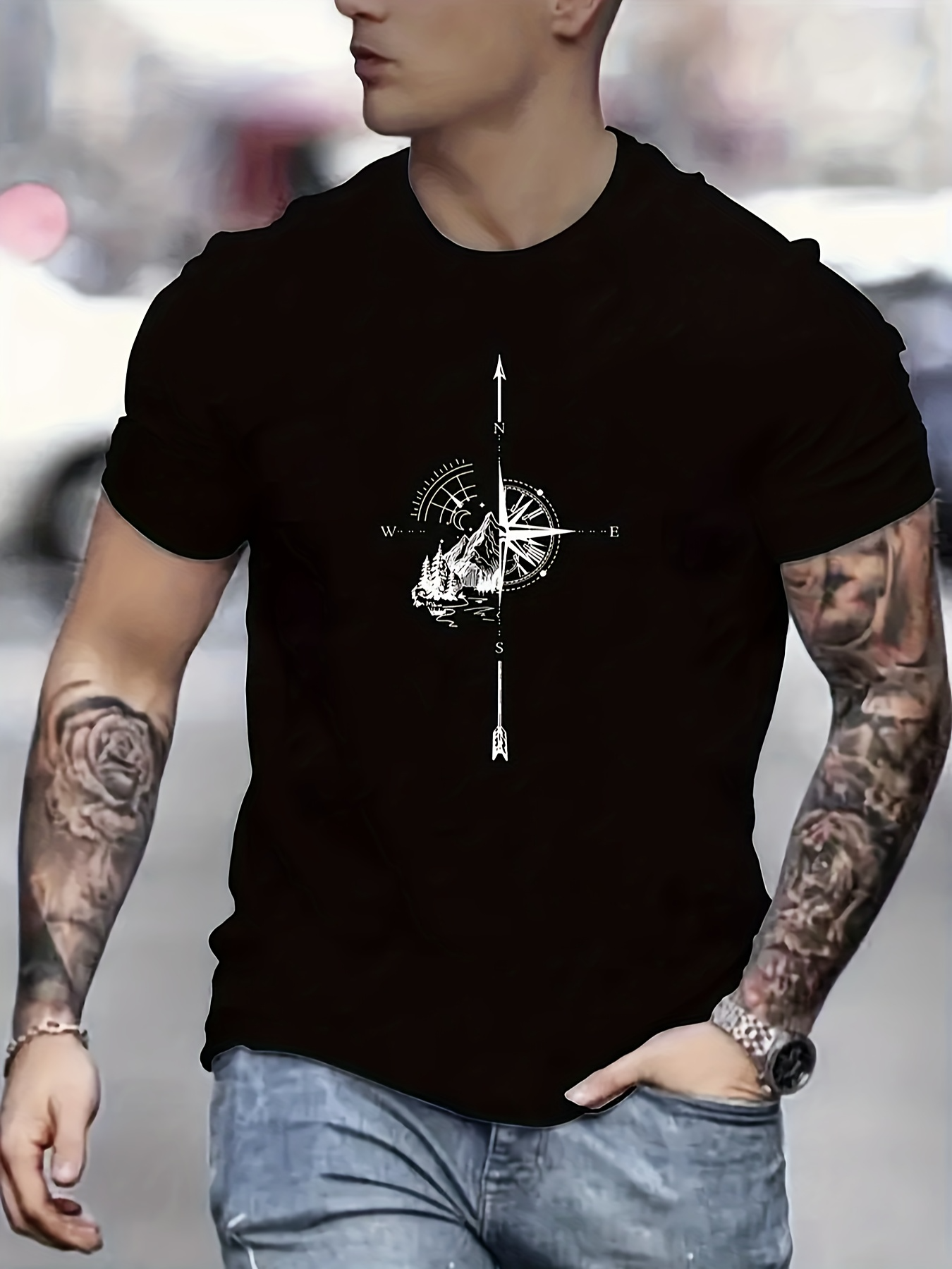Men's Graphic T-Shirt Geometric Compass Arrows And Mechanical Elements With Artistic Design