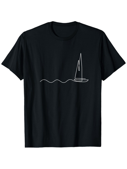 Men's Graphic T-Shirt Minimalist White Lines Forming Gentle Waves With Sailing Boat Under Calm Water Sailboat