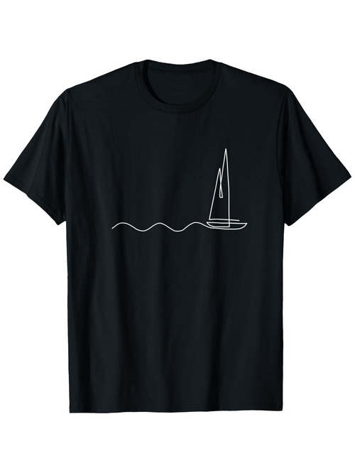 Men's Graphic T-Shirt Minimalist White Lines Forming Gentle Waves With Sailing Boat Under Calm Water Sailboat