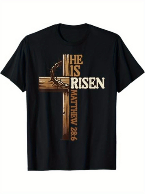 Men's Graphic T-Shirt He Is Risen With Wooden Cross And Crown Of Thorns Symbolizing Resurrection