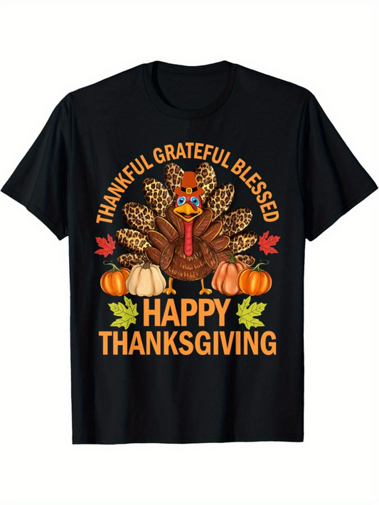 Men's Graphic T-Shirt Thankful Grateful Blessed With Pumpkins Surrounded By Thanksgiving Turkey
