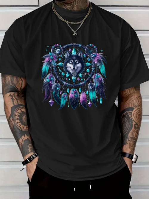 Men's Graphic T-Shirt Vivid Dreamcatcher With Colorful Feathers Encircling Spiritual Wolf Head