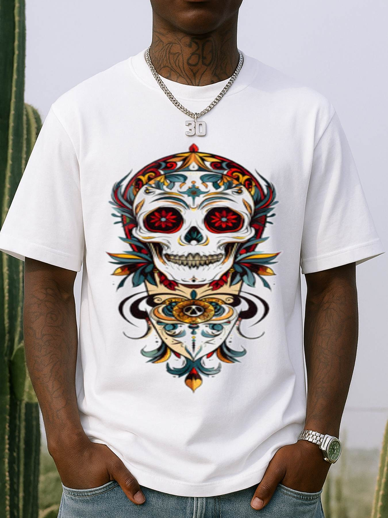 Men's Graphic T-Shirt Vibrant Ornate Floral Layers With Luminous Red Eyed Skull