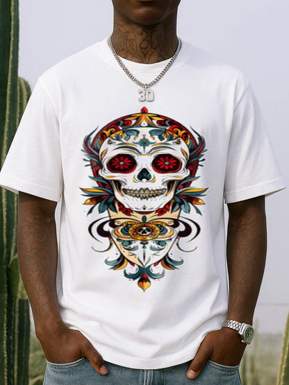 Men's Graphic T-Shirt Vibrant Ornate Floral Layers With Luminous Red Eyed Skull
