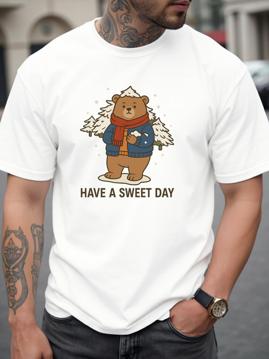 Men's Graphic T-Shirt Have A Sweet Day Cozy Bear Among Winter Pine Trees Forest