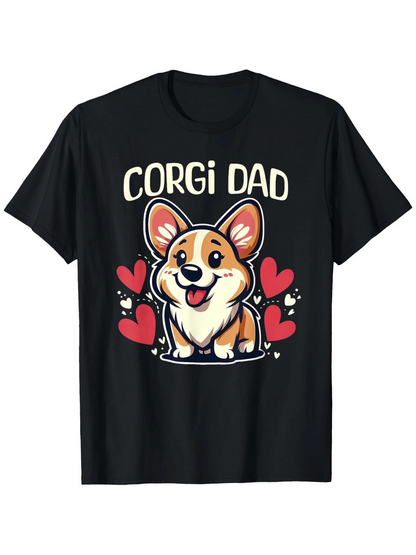 Men's Graphic T-Shirt Corgi Dad Cheerful Cartoon Style Surrounded By Playful Red Hearts Corgi