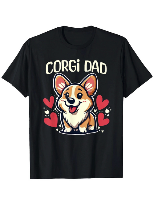 Men's Graphic T-Shirt Corgi Dad Cheerful Cartoon Style Surrounded By Playful Red Hearts Corgi