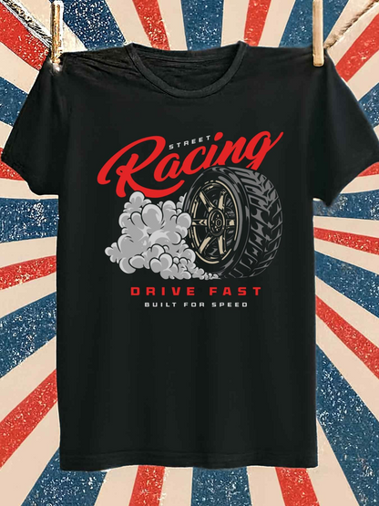 Men's Graphic T-Shirt Racing Tire With Gray Smoke And Dynamic Urban Speed
