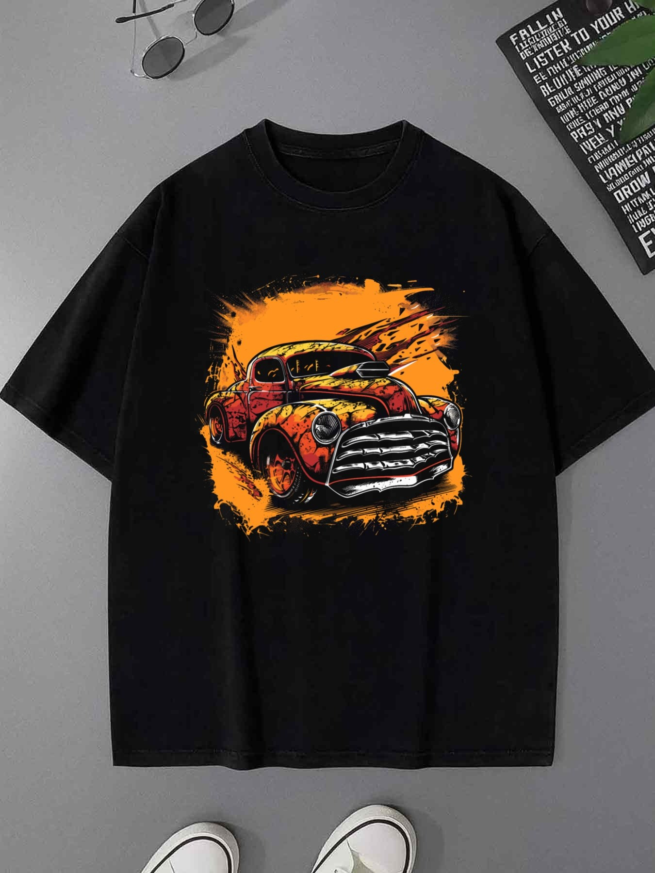 Men's Graphic T-Shirt Fiery Sunset With Vintage Sports Car Racing Forward