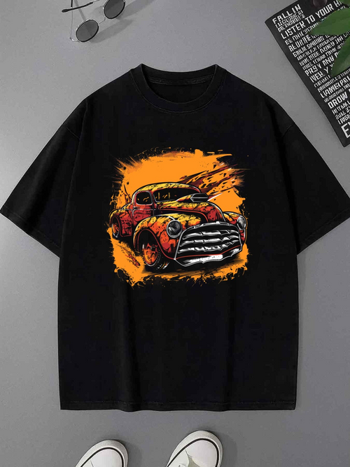 Men's Graphic T-Shirt Fiery Sunset With Vintage Sports Car Racing Forward