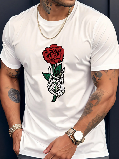 Men's Graphic T-Shirt Detailed Skeleton Hand Grasping A Blooming Red Rose Flower