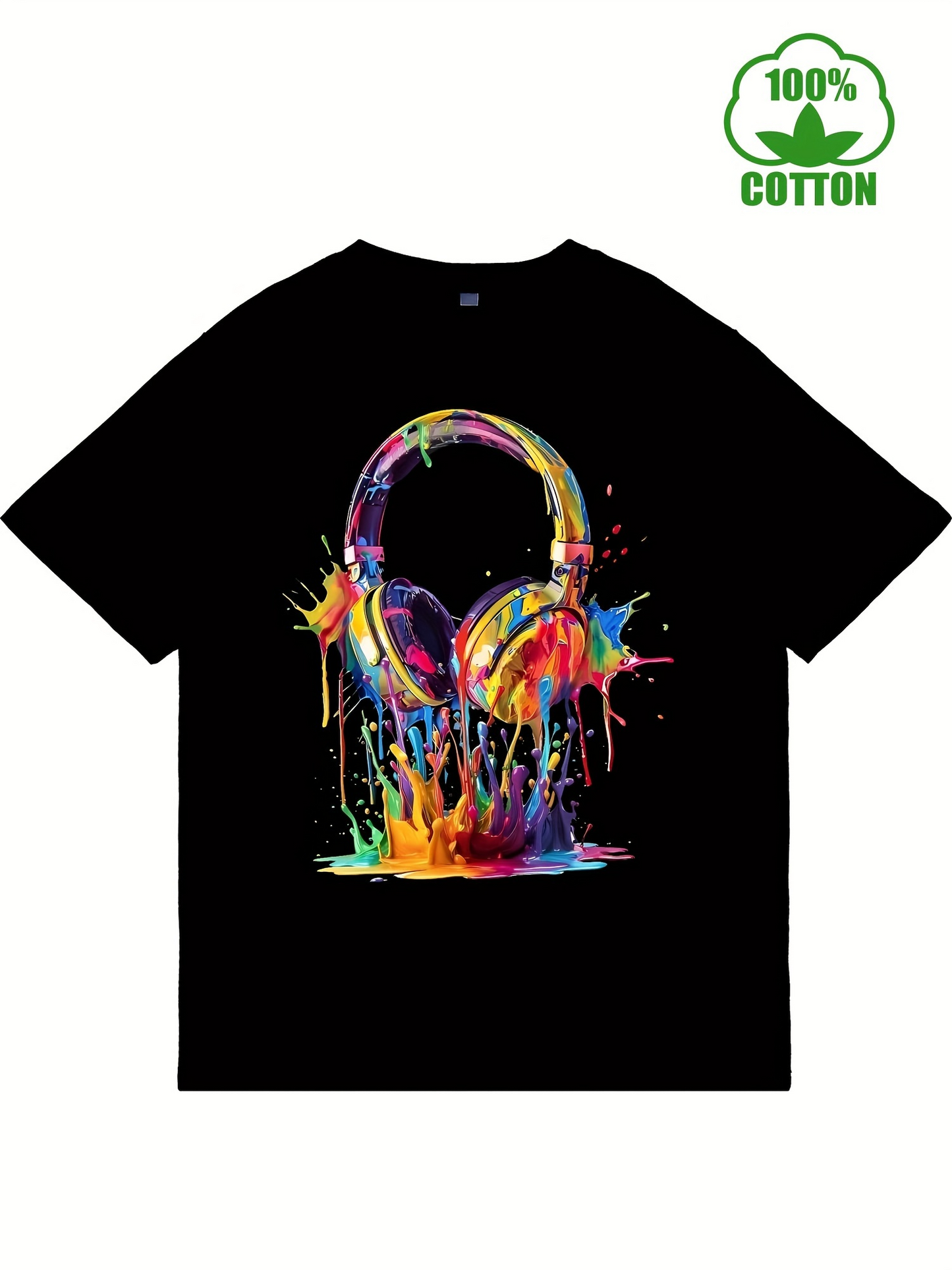 Men's Graphic T-Shirt Splashing Vivid Color Paint Melting Over Headphones Design