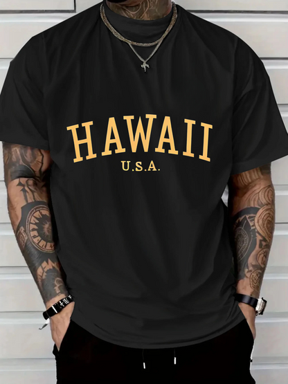 Men's Graphic T-Shirt Hawaii Usa Arched Bold Serif Text On Casual Cotton Shirt