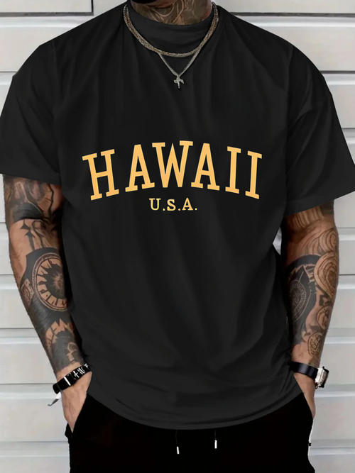 Men's Graphic T-Shirt Hawaii Usa Arched Bold Serif Text On Casual Cotton Shirt